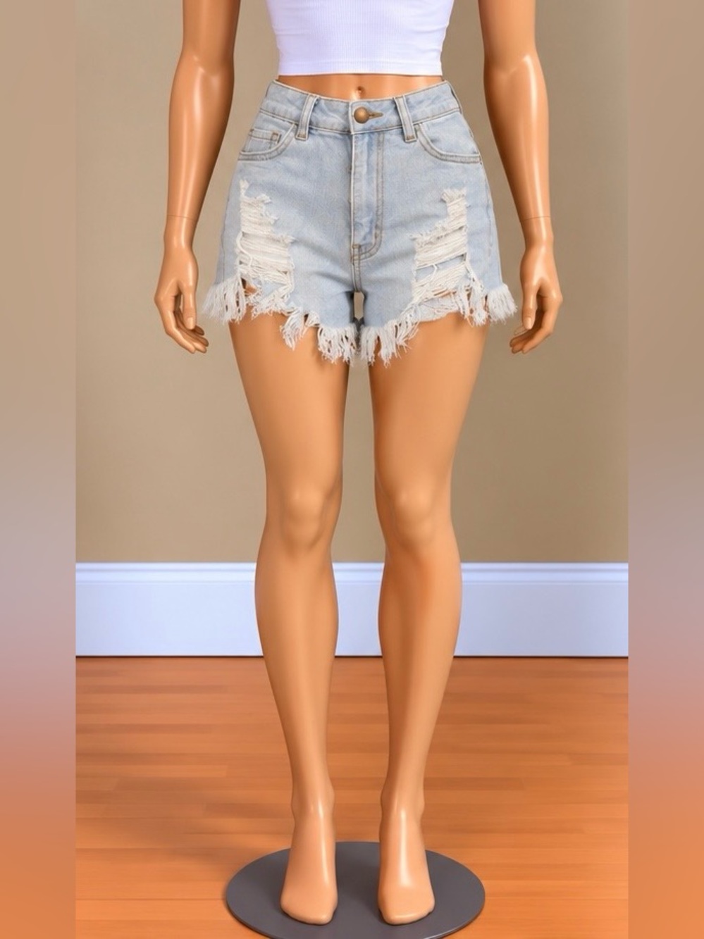 Aphrodite Light Wash Super Distressed High Rise Denim Shorts 1